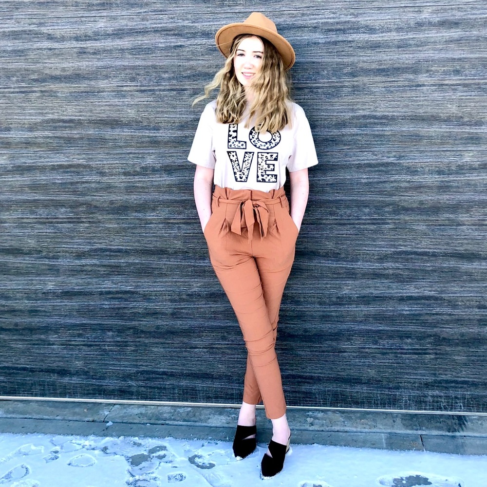 New! Skinny High Waist Paper Bag Pants in Copper - Picture 2 of 16